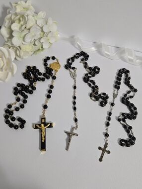 Vintage Catholic Crucifix Black Rosary Beads - 2 Marked Italy- Set of 3